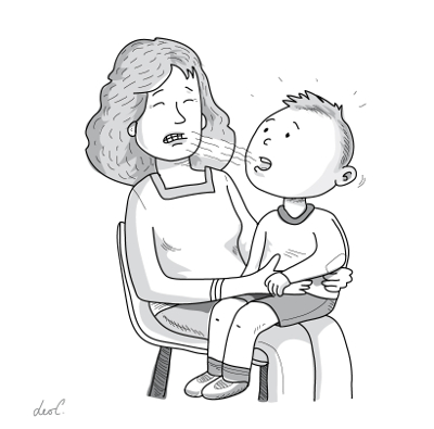 Disegno di un bambino, seduto in braccio alla sua mamma, che le fa sentire l'alito