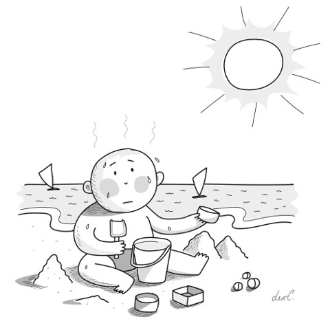 Disegno di un bambino in spiaggia con colpo di calore