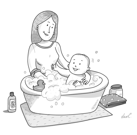 Disegno di neonato che fa il bagno in una vaschetta accudito dalla mamma
