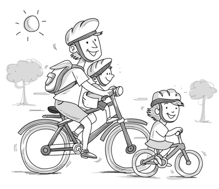 Disegno padre con bambini in bici col casco