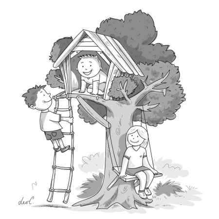 Tre bambini giocano su una casa sull'albero