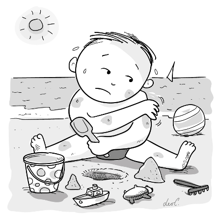 Disegno di un bambino in spiaggia che, mentre gioca con paletta e secchiello, si gratta a causa della dermatite