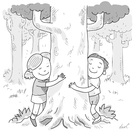 Disegno di due bambini che abbracciano un albero