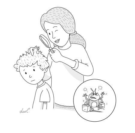Disegno di una mamma che cerca i pidocchi con una lente sulla testa del bambino