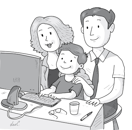 Un bambino seduto davanti al computer in compagnia dei due genitori