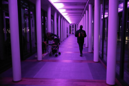 Fotografia di un corridoio al Meyer con luci colore lilla per richiamare l'attenzione sui disturbi alimentari