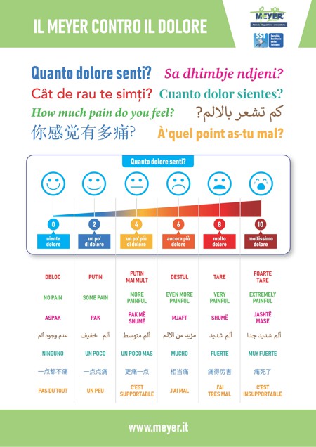 Immagine termometro del dolore con scala grafica e traduzioni multilingua